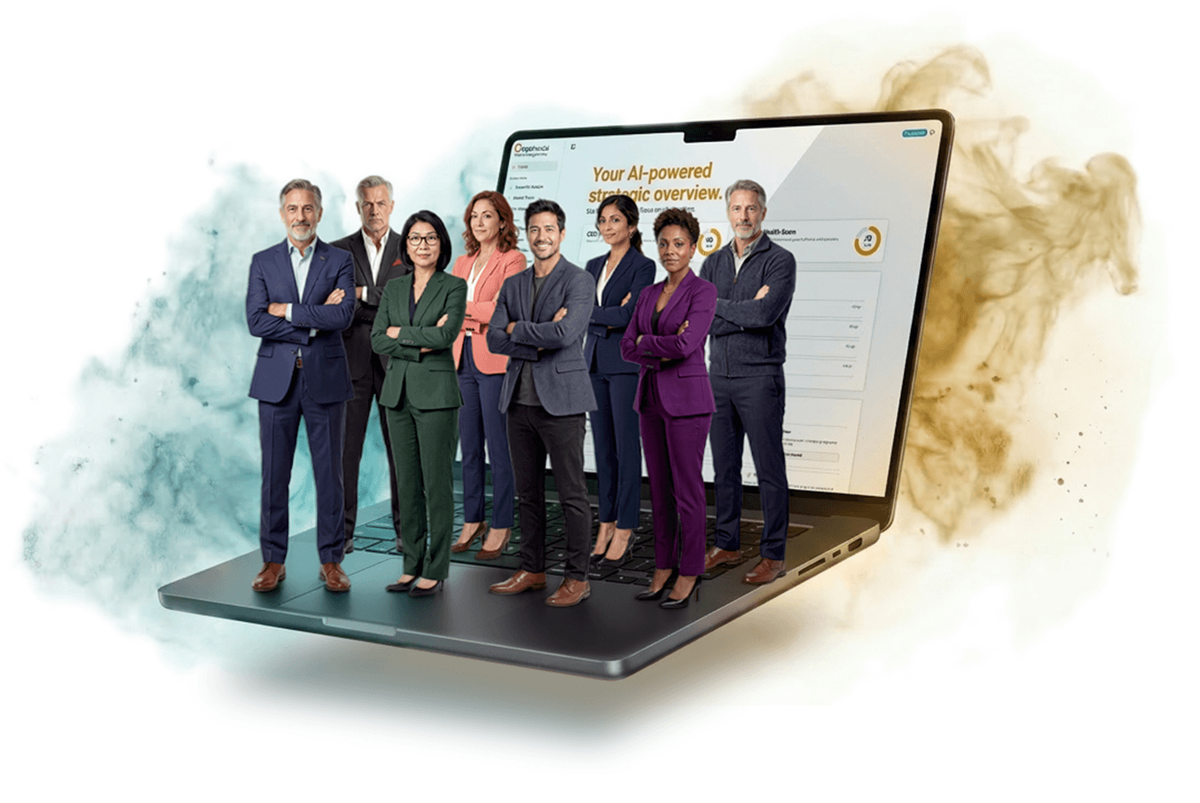 CEOfriend AI boardroom - your advisory team standing on a laptop showing the strategic overview